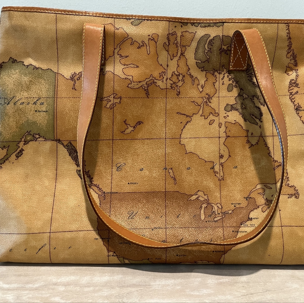 Leather Map-Print Tote Bag in Tan